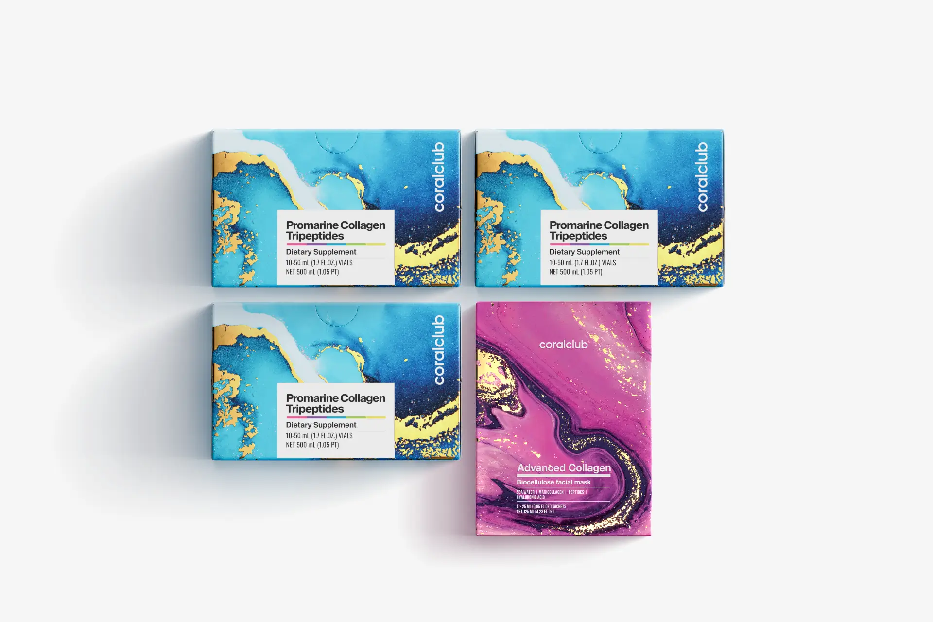 Komplekts Promarine Collagen Tripeptides (1 mēneša kurss) & Advanced Collagen Biocellulose Facial Mask (5 sašē paciņas)